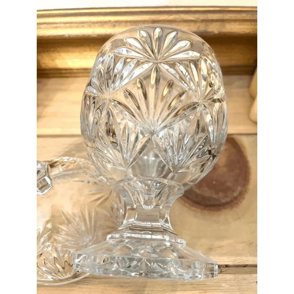 Vintage Egg Shaped Pressed Crystal Covered Candy Dish — Footed Pedestal, 9